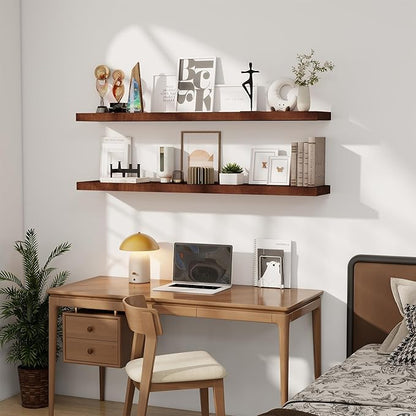 RICHFOCUS Floating Shelves for Wall 55 Inch Solid USA-Sourced Oak Wooden Shelves for Bathroom Kitchen 9" Deep Modern Wood Shelf with Heavy-Duty Bracket for Wall Mounted, Walnut Finish