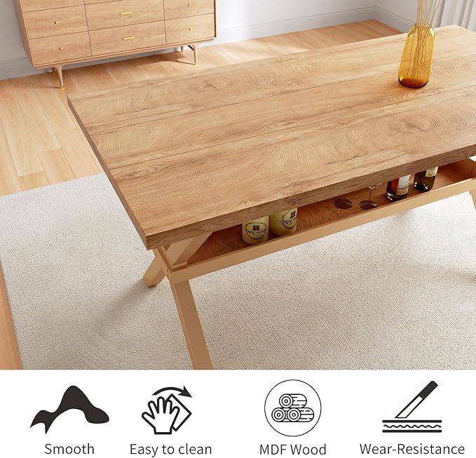 HIPIHOM 63" Dining Table with Storage Shelves, Crafted with MDF Desktop and Heavy Duty Metal Legs, Dining Sets for Kitchen & Dining Room Furniture, Small Spaces