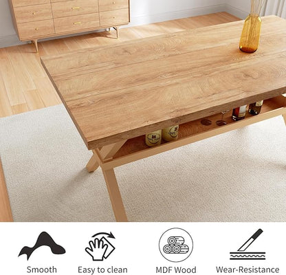 HIPIHOM 63" Dining Table with Storage Shelves, Crafted with MDF Desktop and Heavy Duty Metal Legs, Dining Sets for Kitchen & Dining Room Furniture, Small Spaces