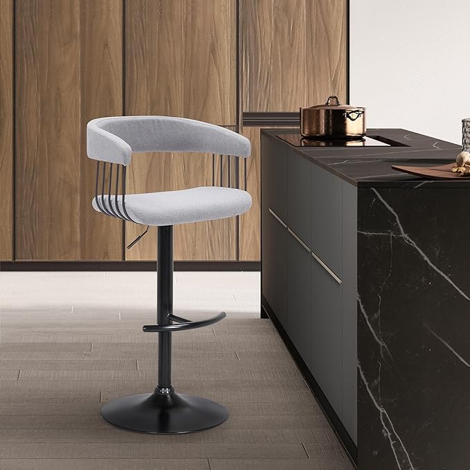 Armen Living Calista Adjustable Height Mid Century Modern Swivel Bar Stool for Kitchen Island Counter in Light Gray Fabric with Black Metal