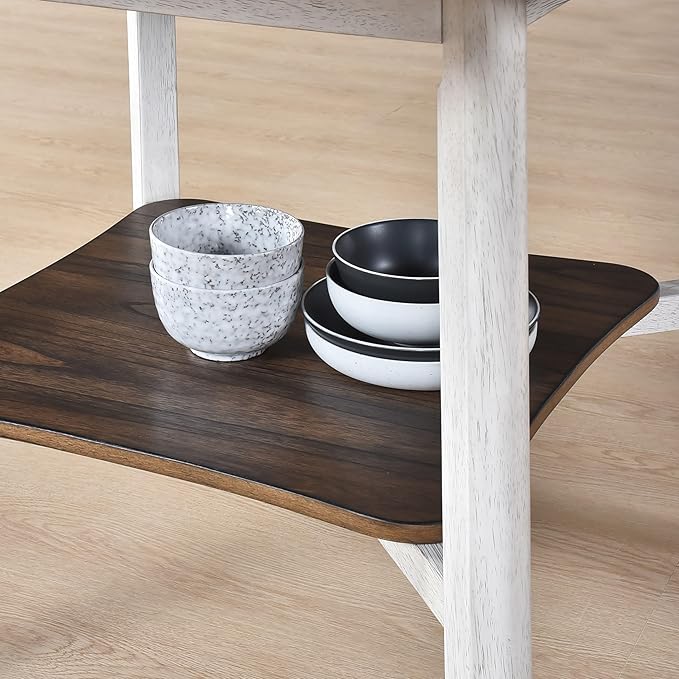 46" Rustic Dark Wood Island Table, Rustic Dining Table with Functional Storage, Farmhouse Dining Table for Small Home Gatherings, Antique Dark Oak,Antique White