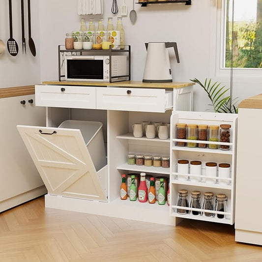 Ball & Cast Kitchen Trash Can Storage Cabinet with 2 Drawers & 1 Tilt Out Trash Cabinet & 1 Door with Storage Rack & 2 Shelves,Wooden Trash Can for Kitchen, Bathroom and Living Room