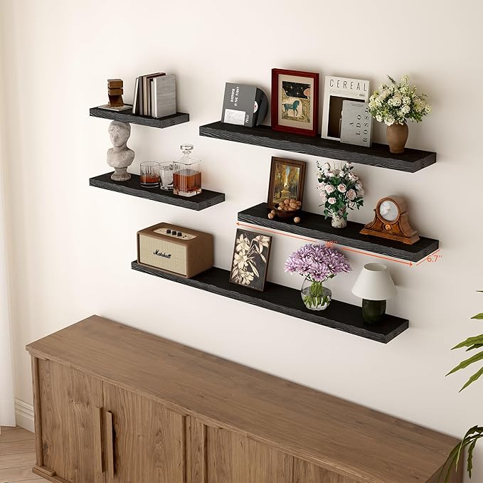 BGMG Wood Floating Shelves for Wall 30 inch Set of 2,Black Floating Shelves,Solid Wood Wall Mount Shelves for Bathroom Living Room Bedroom Kitchen Farmhouse -30x 6.7 x1.25 inch