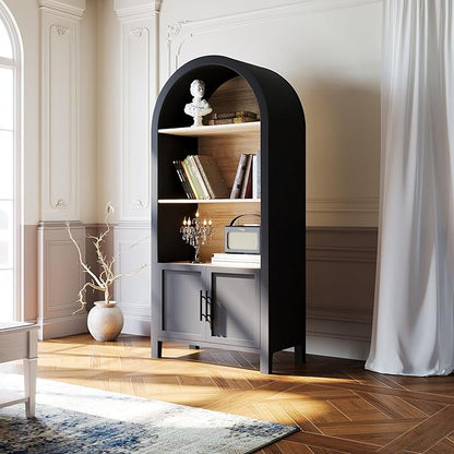 Ball & Cast 67" Tall Arched Storage Cabinet, Modern 3-Tier Wooden Kitchen Pantry Cabinet with Doors & Open Shelves,Versatile Bookcase Display Cabinet for Living Room,Office,Dining Room,Black