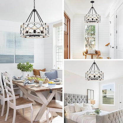 Rustic Farmhouse Chandelier, 19.8 inch 5-Light White Round Dining Room Lighting Fixtures Hanging Pendant Lighting for Kitchen Island Entryway Foyer Bedroom Hallway