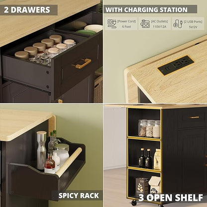 IRONCK Kitchen Island with Power Outlet & Drop Leaf, 47.2" Width Rolling Kitchen Island on Wheels with Storage, Mobile Kitchen Island Cart with Spice Rack, Open Shelves and Drawer, Black