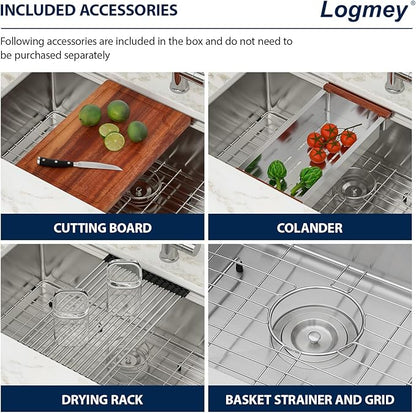 Logmey 33" Undermount Kitchen Sink Workstation 33x19 SUS304 16 Gauge Stainless Steel Under Counter Single Bowl Kitchen Sinks 33x19x9 Inch