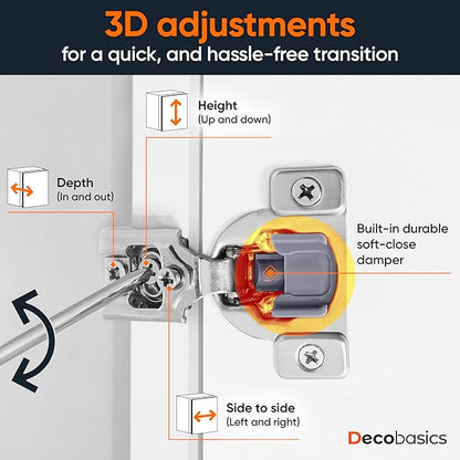 DecoBasics 40 Pack(20 Pair) 1/2" Overlay Soft Close Cabinet Hinges for Kitchen & Bath - Concealed Soft Close Hinge for cabinet Door w Self Closing Damper -Easy Upgrade -Stainless Steel Last a Lifetime