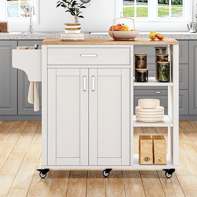 YITAHOME 37" Rolling Kitchen Island Cart with Storage, Butcher Block Island on Wheels, Mobile Kitchen Storage Carts with Shelves & Spice Rack, White