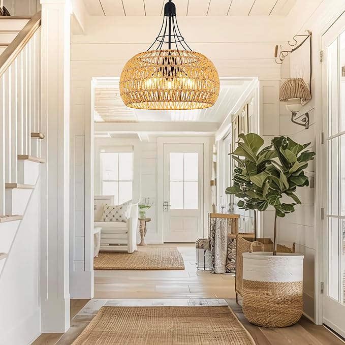 20" Rattan Farmhouse Chandeliers for Dining Room, 5-Light Boho Rattan Chandelier Light Fixtures with Woven Wicker Lampshade, Rustic Pendant Lighting for Kitchen Island, Living Room