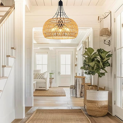 20" Rattan Farmhouse Chandeliers for Dining Room, 5-Light Boho Rattan Chandelier Light Fixtures with Woven Wicker Lampshade, Rustic Pendant Lighting for Kitchen Island, Living Room