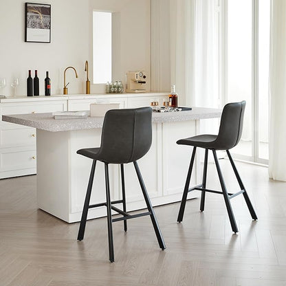 26" Counter Height Bar Stools Set of 2,Faux Leather Barstools with Ergonomic Backrest & Footrest, Sturdy Black Metal Frame PU Bar Chairs for Kitchen Island, Home Bar, Restaurant (Black)