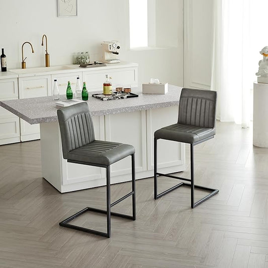 26" Counter Height Bar Stools Set of 2, Modern Upholstered Chairs with Vertical Tufted Backrest & Footrest, Metal Frame for Kitchen Island, Home Bar (Gray PU Leather)