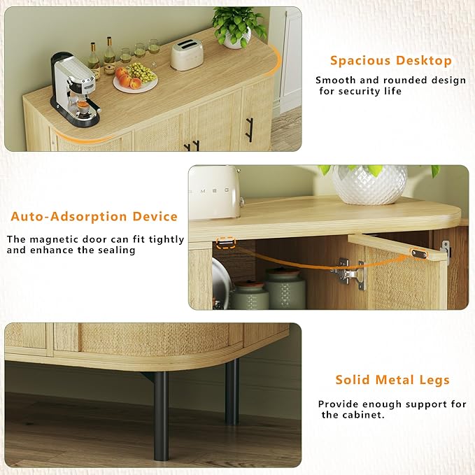 HUAHUU 47.2" Sideboard Buffet Cabinet with Storage, Sideboard Cabinet with 4 Rattan Doors, Adjustable Shelf & Metal Legs, Multifunctional Storage Cabinet for Kitchen, Living Room, Entryway, Oak