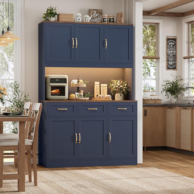 HOSTACK 72" Tall Kitchen Pantry Cabinet with Charing Station | LED Lights, 47" W Kitchen Pantry Storage Cabinet with Countertop, Modern Kitchens Hutch Cabinets with Storage for Dining Room, Blue