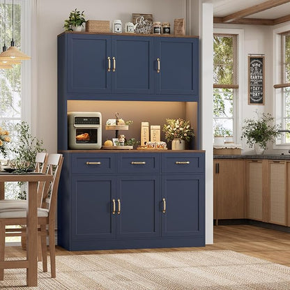 HOSTACK 72" Tall Kitchen Pantry Cabinet with Charing Station | LED Lights, 47" W Kitchen Pantry Storage Cabinet with Countertop, Modern Kitchens Hutch Cabinets with Storage for Dining Room, Blue