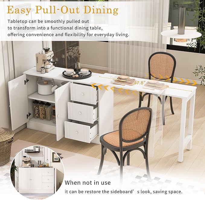 Merax Rustic Buffet Sideboard with Extendable Table, Wood Storage Cabinet with Adjustable Shelves, Multifunctional Coffee Bar for Living Room Kitchen Dining Room White