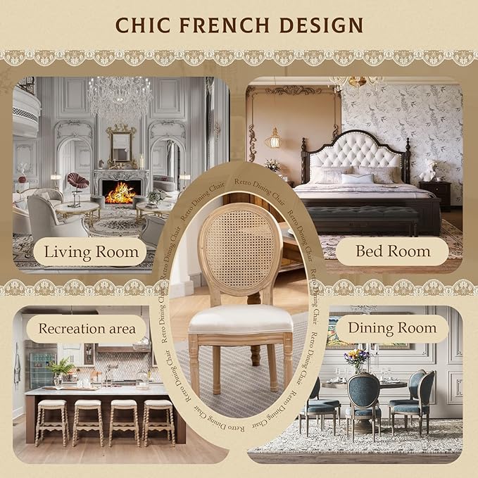 SoarFlash French Dining Chairs Set of 4, Vantage Linen Dining Chair with Round Back, Farmhouse Country Rattan Dining Chair for Living Room,Kitchen,Bedroom,Beige