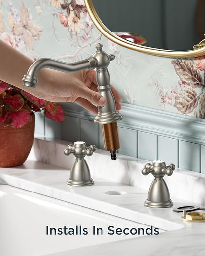FORIOUS Brushed Nickel 3 Hole Bathroom Sink Faucets 2 Cross Handles, 8 Inch Widespread Antique Brass Viantage Bathroom Faucet for RV Vanity Farmhouse with Metal Pop Up Drain and Supply Lines