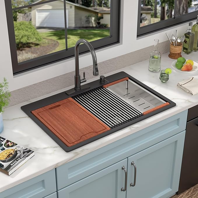 33"x22" Granite Composite Kitchen Sink Double Bowl - Matte Black Ledge Workstation Drop In Top Mount Double Bowl 50/50 Quartz Classic Above Counter Basin