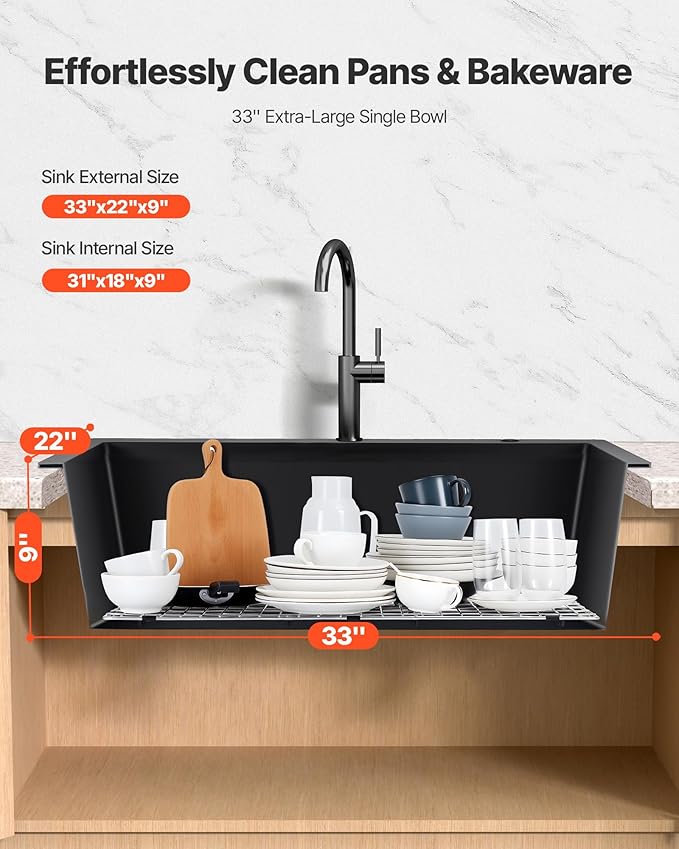 VEVOR 33 inch Kitchen Sink Workstation, Top Mount Granite Sinks, Drop-In Single Bowl Farmhouse Basin with Multiple Accessories, Household Dishwasher Sinks (22"D x 33"W x 9"H)