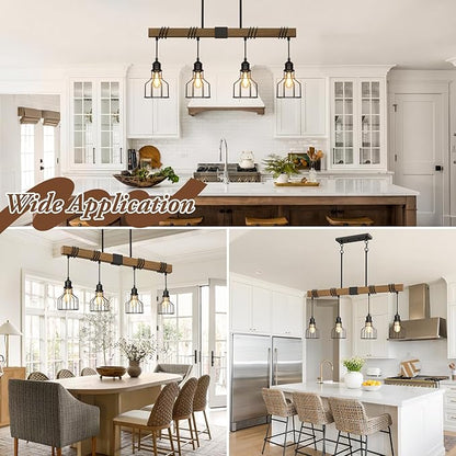 4-Light Kitchen Island Lighting, 63" Adjustable Height Pendant Light Fixtures Black Metal & Rustic Wood Modern Dining Room Chandelier Over Table with E26 Base for Farmhouse Bar