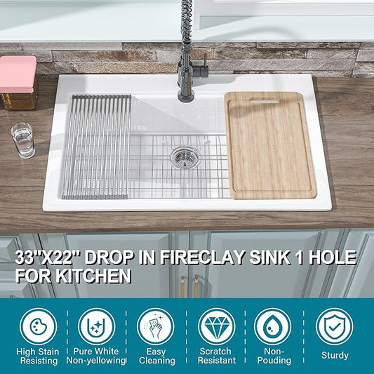 33x22 Drop In Kitchen Sink Workstation White 1 Hole, 33 Inch Large Fireclay Workstation Sink Drop In Single Bowl, Topmount, with 4 Accessories (Cutting Board Included), for Kitchen