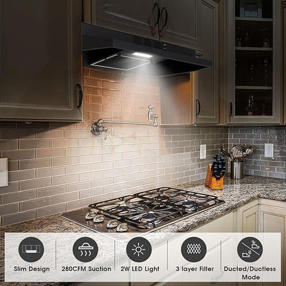 Under Cabinet Range Hood 30 inch, Ducted/Ductless Convertible Kitchen Stove Hood, Stainless Steel Vent Hood w/Rocker Button Control, 2 Speeds Exhaust Fan, 280CFM, Black