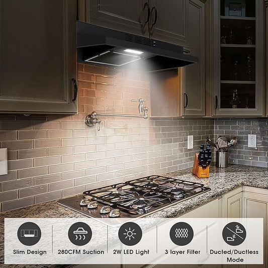 Under Cabinet Range Hood 30 inch, Ducted/Ductless Convertible Kitchen Stove Hood, Stainless Steel Vent Hood w/Rocker Button Control, 2 Speeds Exhaust Fan, 280CFM, Black