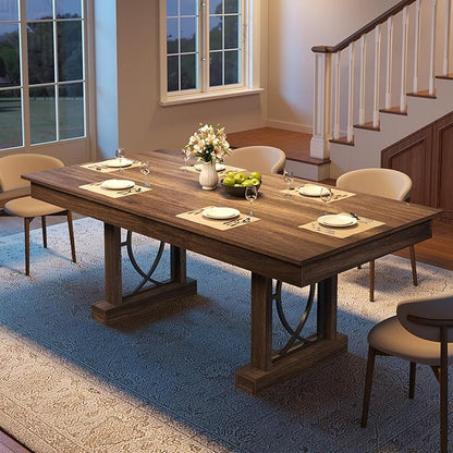 Garvee 71-Inch Dining Table for 6-8 with 2 Drawers, Large Dining Table with Sturdy Frame & Double Pedesta, 6 ft Wood Rectangular Dining Room Table w/Large Tabletop, for Kitchen, Dinner, Walnut