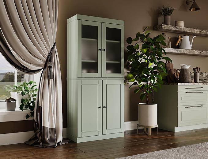 Palace Imports 100% Solid Wood Kitchen Pantry w/ 2 Frosted Glass Doors &Bottom Wooden Storage Cabinet, Sage, 32" w x 71.5" h, Renewable Eco-Friendly Wood, Made in Brazil