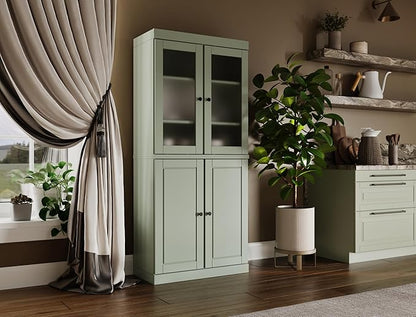 Palace Imports 100% Solid Wood Kitchen Pantry w/ 2 Frosted Glass Doors &Bottom Wooden Storage Cabinet, Sage, 32" w x 71.5" h, Renewable Eco-Friendly Wood, Made in Brazil