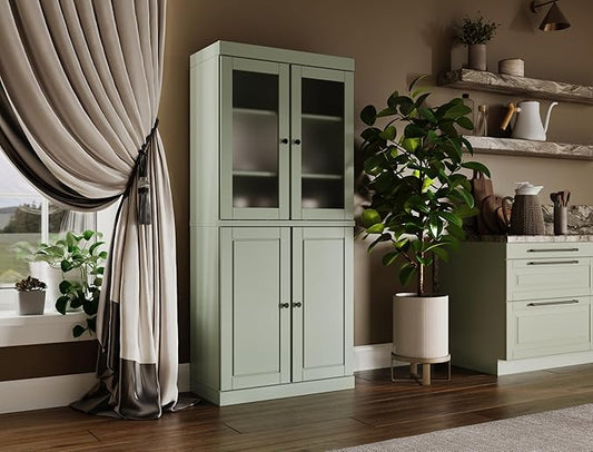 Palace Imports 100% Solid Wood Kitchen Pantry w/ 2 Frosted Glass Doors &Bottom Wooden Storage Cabinet, Sage, 32" w x 71.5" h, Renewable Eco-Friendly Wood, Made in Brazil