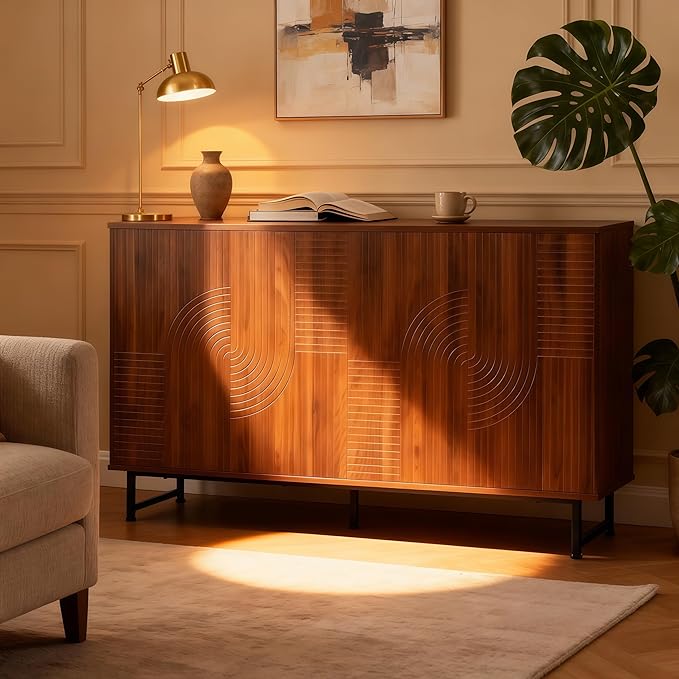 PVWIIK Mid-Century Modern Walnut Sideboard Buffet Cabinet, 59 * 16 * 33 inches Geometric Carved Storage Cabinet with Metal Legs, Multi-Purpose Credenza for Living Room, Dining Room, Entryway
