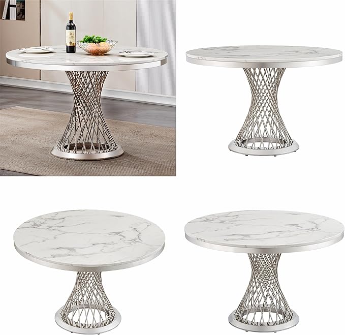 47" Round Marble Dining Table for 4-6, Luxury Modern Kitchen Table with Marble Grain MDF tabletop & Silver Mirrored Stainless Steel Pedestal Base, White Stone Dinner Table for Dining Room (Table Only)