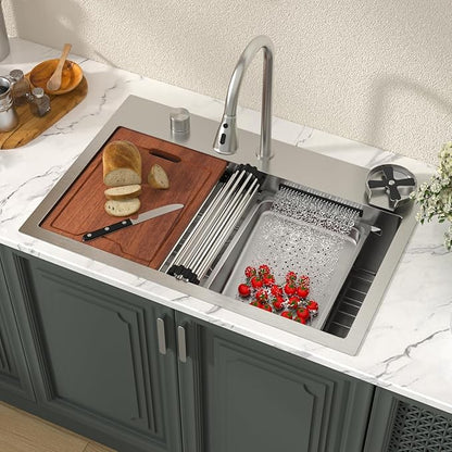 Lordear 31 Drop Kitchen Sink with Faucet Combo 31"x20" Waterfall Kitchen Sink Workstation Stainless Steel 16 Gauge Single Bowl Topmount Handmade Sinks with Pull Out Faucet