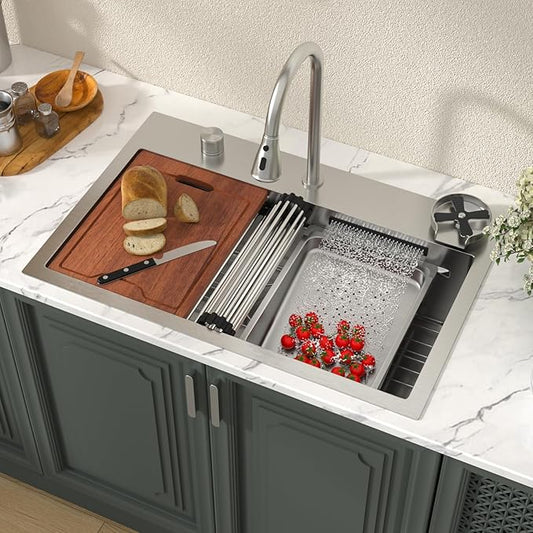 Lordear 31 Drop Kitchen Sink with Faucet Combo 31"x20" Waterfall Kitchen Sink Workstation Stainless Steel 16 Gauge Single Bowl Topmount Handmade Sinks with Pull Out Faucet