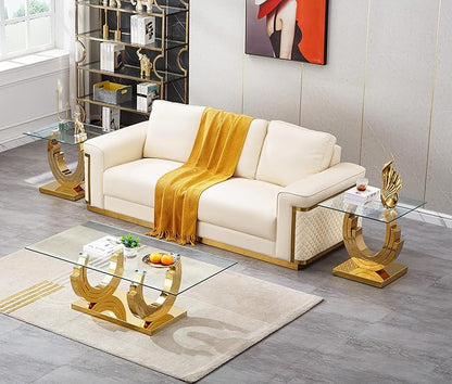 Glass Living Room Table Set of 3, Modern Glass Coffee Table with 2 End Tables Set for Apartment, Luxury Coffee Table Sets Perfect for Living Room, Stainless Steel Frame