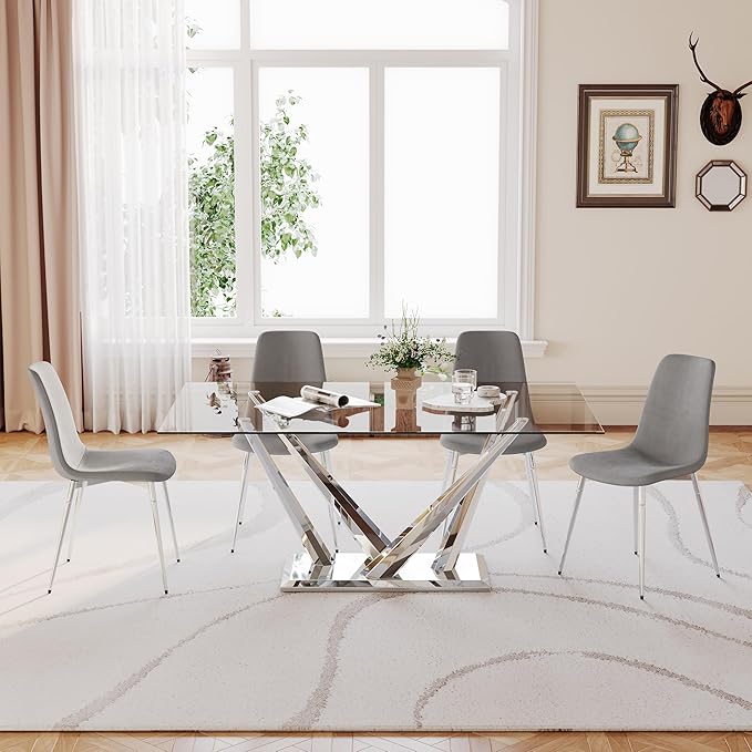 Luxury Silver Glass Dining Table for 4-6 Modern 63-Inch Rectangular Kitchen & Dining Room Table with Double V-Shape Stainless Steel Base Large Clear Glass Top Dining Table for Home Office
