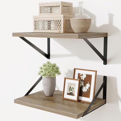 Acovy Deep Floating Shelves,16" Wx10 D Floating Shelves for Wall Set of 2,Heavy Duty Wood Floating Shelf with Metal Bracket,Wall Mounted Hanging Shelf for Living Room Bedroom Bathroom Kitchen,Grey