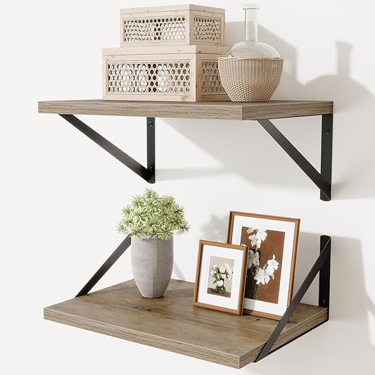 Acovy Deep Floating Shelves,16" Wx10 D Floating Shelves for Wall Set of 2,Heavy Duty Wood Floating Shelf with Metal Bracket,Wall Mounted Hanging Shelf for Living Room Bedroom Bathroom Kitchen,Grey