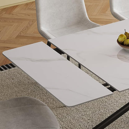 Runboll Extendable Rectangular Dining Table Set for 8, 47"-71" Modern Sintered Stone Kitchen Table with 8 Chairs and Carbon Steel Legs for Dining Room Family Gathering