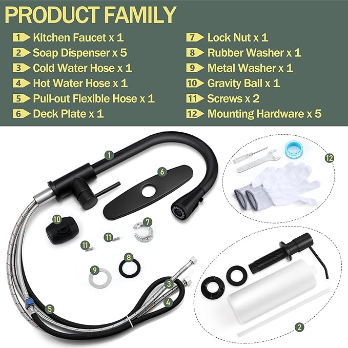 Herogo Black Kitchen Sink Faucet Set with Pull Down Sprayer and Soap Dispenser, Stainless Steel Rv Outdoor Kitchen Faucet for 1-3 Hole with Pop Up Drain, Deck Plate and Supply Hose
