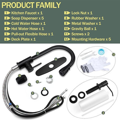 Herogo Black Kitchen Sink Faucet Set with Pull Down Sprayer and Soap Dispenser, Stainless Steel Rv Outdoor Kitchen Faucet for 1-3 Hole with Pop Up Drain, Deck Plate and Supply Hose