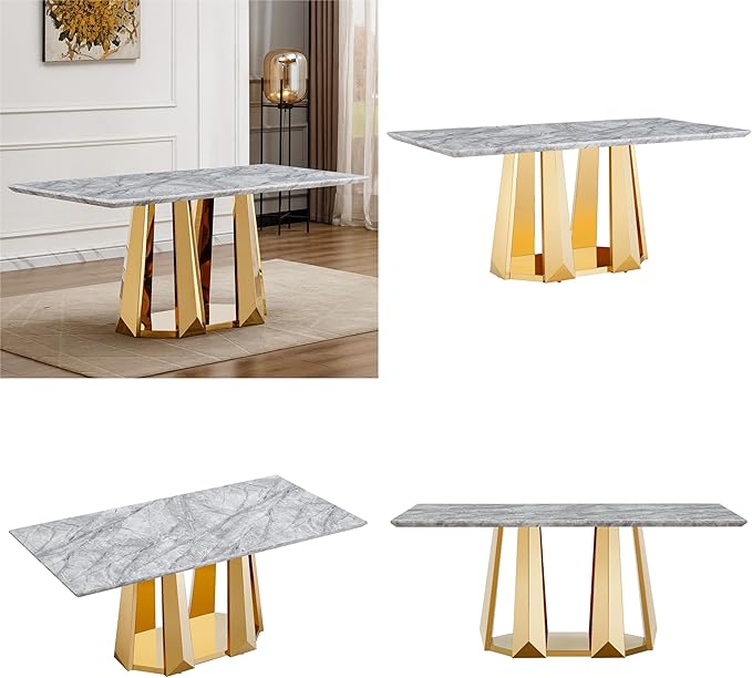 70" Marble Dining Table for 6-8, Modern Luxury Gold Rectangular Large Kitchen Table, Marble Grain MDF Tabletop & Stainless Steel Base, Dinner Furniture for Kitchen Dining Room, Meeting Room, Grey