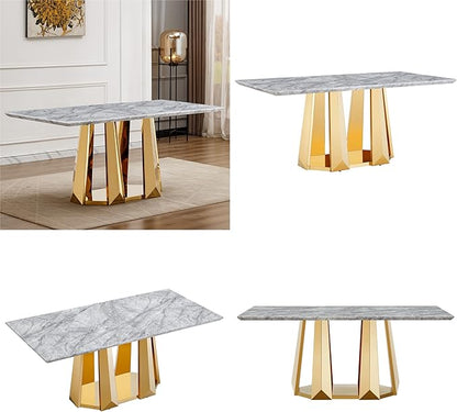 70" Marble Dining Table for 6-8, Modern Luxury Gold Rectangular Large Kitchen Table, Marble Grain MDF Tabletop & Stainless Steel Base, Dinner Furniture for Kitchen Dining Room, Meeting Room, Grey