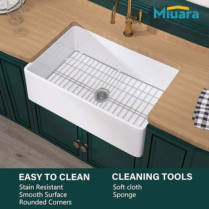 Miuara Farmhouse Sink 30 Inch - White Apron Front Undermount Kitchen Sink Reversible 30"x20"x10", Farm House Style Deep Single Bowl, Heavy Duty Solid Fireclay, Glossy White, for Kitchen