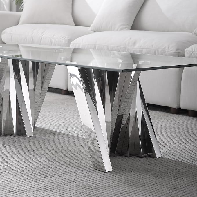 Henf Silver Glass Coffee Table with Mirrored Stainless Steel Base, 51"" Rectangle Modern Living Room Table Cocktail Table Luxury Tea Table Coffee Table for Home Office Living Room