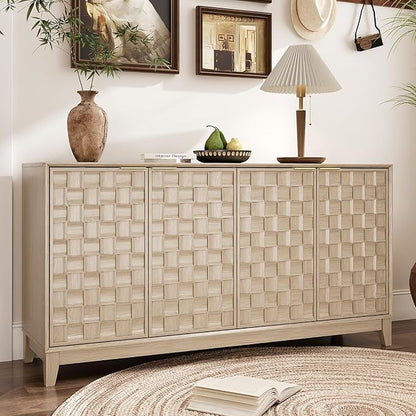 MALOL Sideboard Buffet Cabinet with Storage, Modern 4-Door Buffet Table with 3D Checkerboard Doors & Solid Wood Legs, Large Coffee Bar Cabinet for Dining Room, Living Room, Entryway, Oak