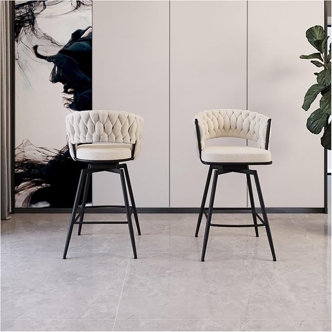 26" Linen Woven Bar Stool Set of 2,Black Legs Barstools No Adjustable Kitchen Island Chairs,360 Swivel and Counter Stool Arm Chairs with Back Footrest (White)